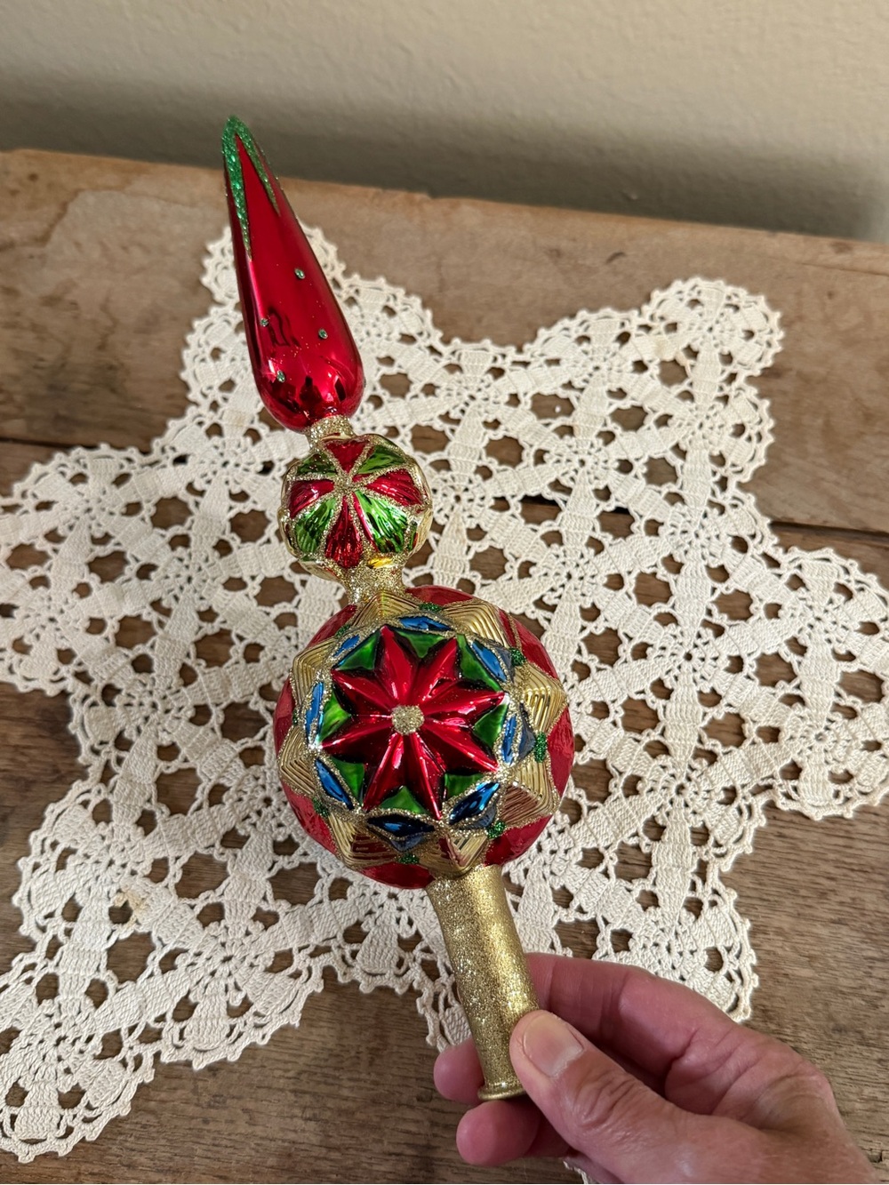 Vintage Holiday Tree Topper - Red and Gold Decorative Finial